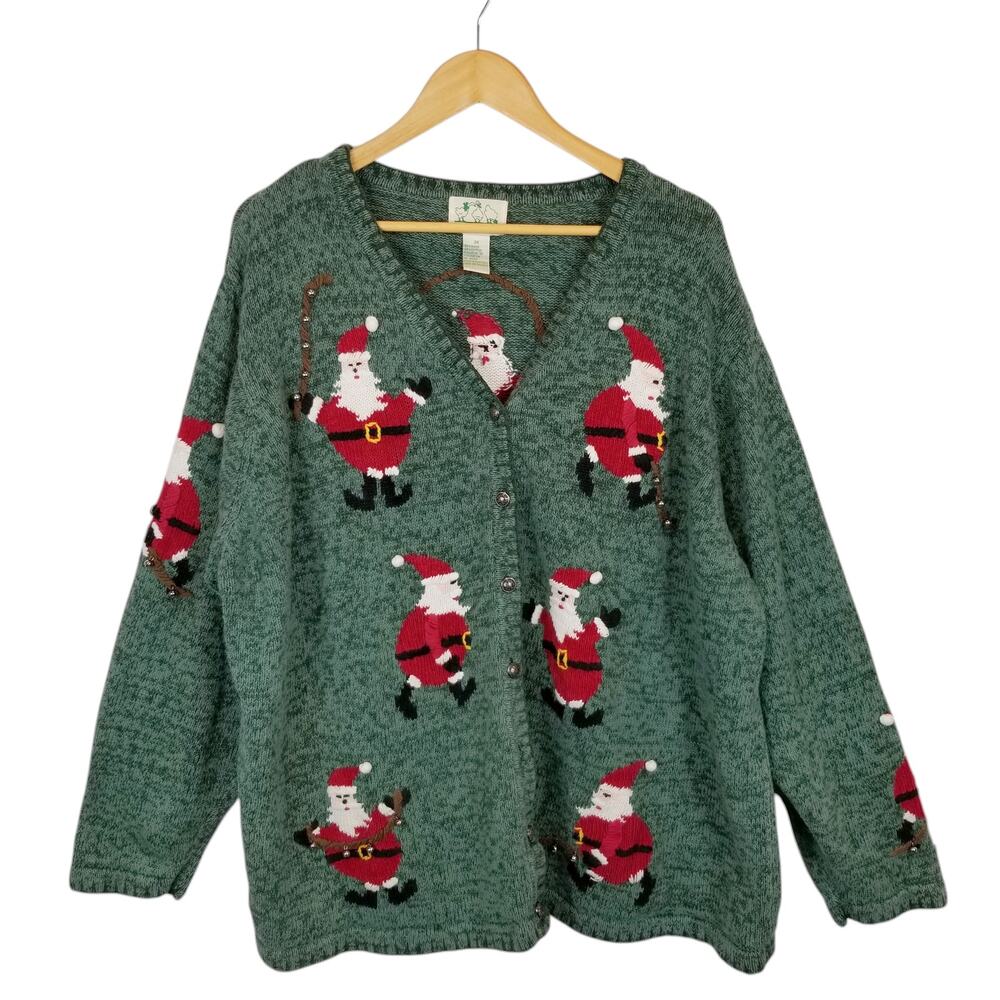 Quacker Factory Vintage Santa Jump Rope Jingle Bells Cardigan Sweater Green 3X
